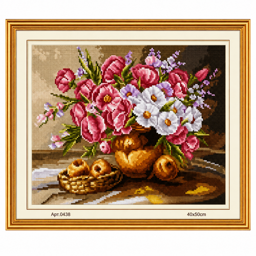 Pembe-Beyaz Çiçekler Goblen Etamin Seti  40x50 cm