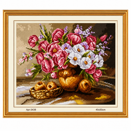 Pembe-Beyaz Çiçekler Goblen Etamin Seti  40x50 cm